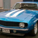 Blue 1969 Chevrolet Camaro with white stripes displayed as the 2 Fast 2 Furious Yenko at the 2024 Brussels Motor Show