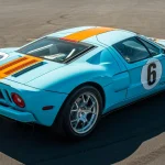 Rear three-quarter view of the 559-mile 2006 Ford GT Heritage Edition in Gulf livery