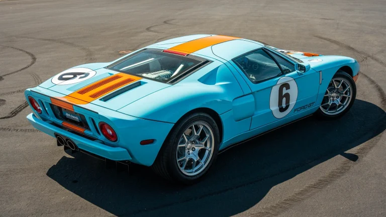 Rear three-quarter view of the 559-mile 2006 Ford GT Heritage Edition in Gulf livery