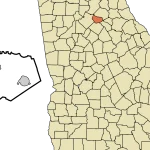 Map of Georgia with Barrow County highlighted and an inset of the county showing incorporated and unincorporated areas, with Bethlehem in red