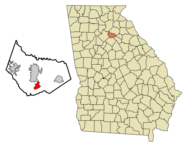 Map of Georgia with Barrow County highlighted and an inset of the county showing incorporated and unincorporated areas, with Bethlehem in red