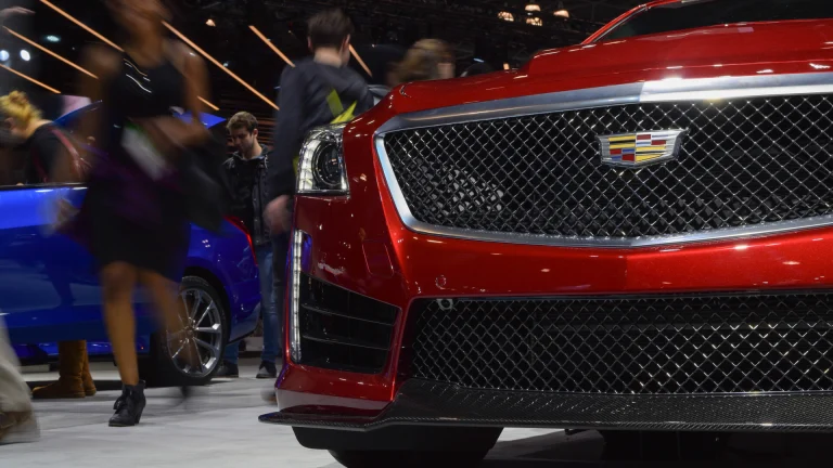 Front three-quarter view of a 2016 Cadillac CTS-V sedan on display at the New York Auto Show
