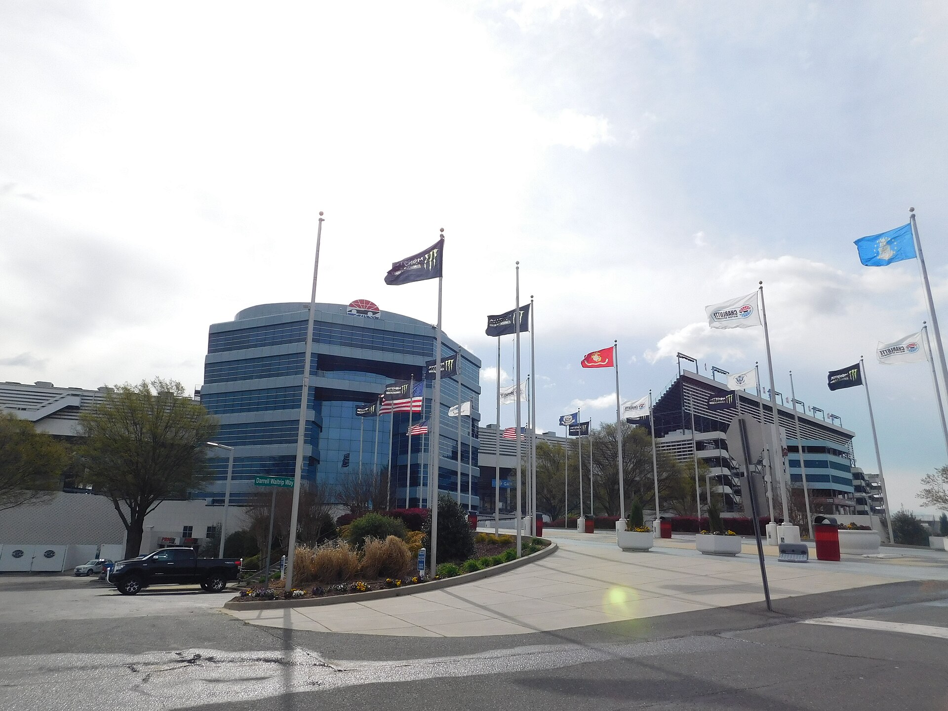 Office tower and flags outside Charlotte Motor Speedway in Concord, North Carolina