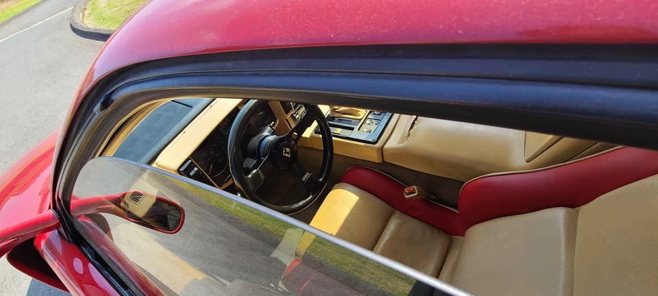 Tan and red interior of the Fiero-based Ferrari F40 replica seen through the open driver's door