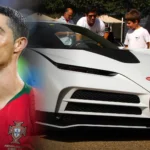 Cristiano Ronaldo alongside a white Bugatti Centodieci, the rarest car in his collection