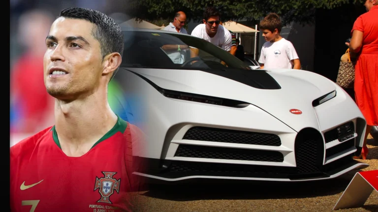 Cristiano Ronaldo alongside a white Bugatti Centodieci, the rarest car in his collection