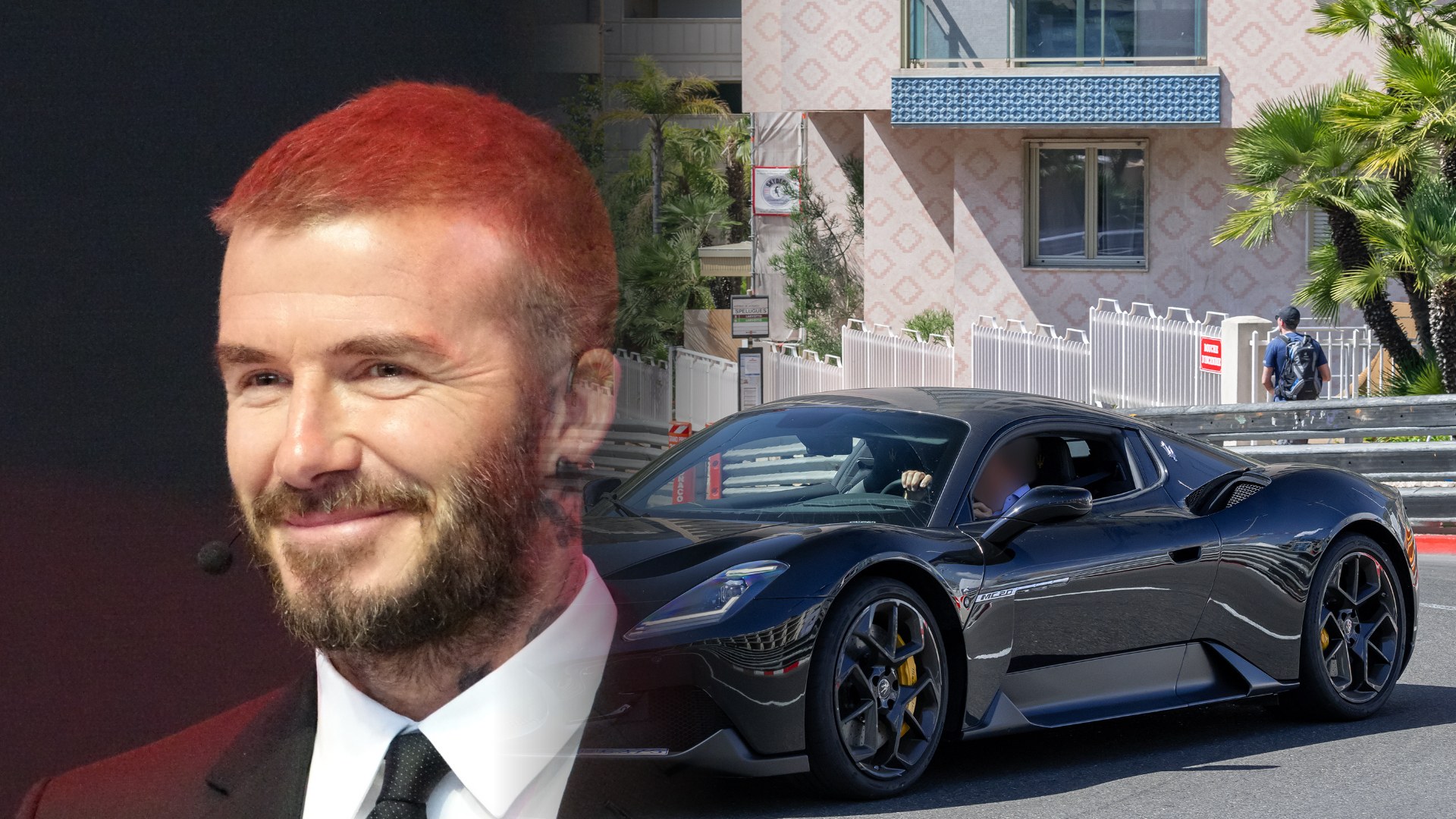 Composite illustration of David Beckham beside a black Maserati MC20