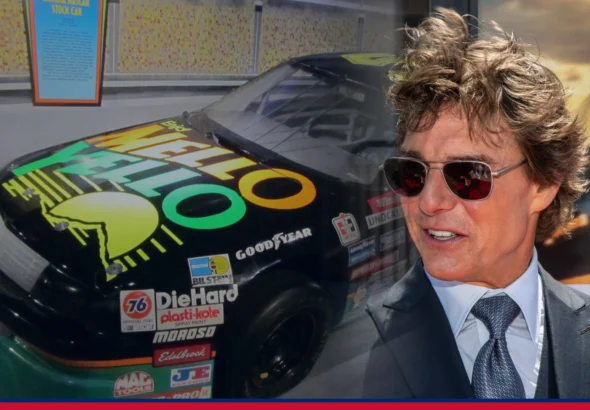 Tom Cruise beside the Mello Yello Chevrolet Lumina stock car from Days of Thunder