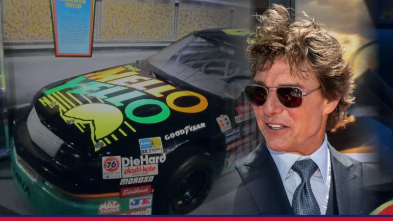 Tom Cruise beside the Mello Yello Chevrolet Lumina stock car from Days of Thunder