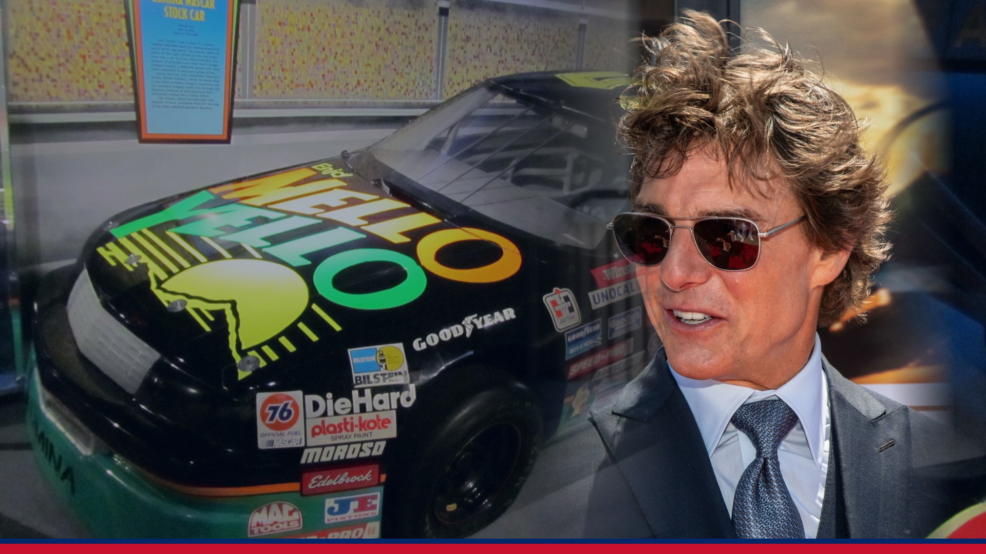 Tom Cruise beside the Mello Yello Chevrolet Lumina stock car from Days of Thunder