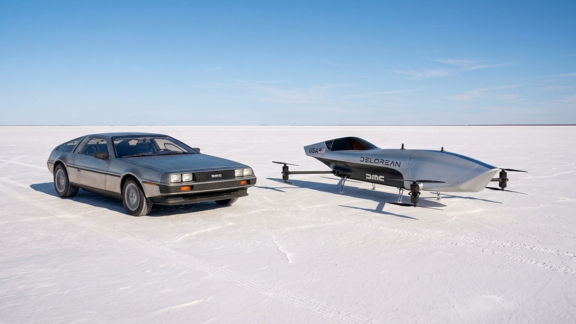 DeLorean DMC-12 beside a DeLorean-liveried Airspeeder aircraft
