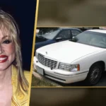 Illustration: Dolly Parton portrait beside a white 1995-1999 Cadillac DeVille