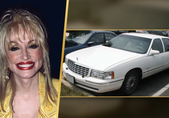 Illustration: Dolly Parton portrait beside a white 1995-1999 Cadillac DeVille