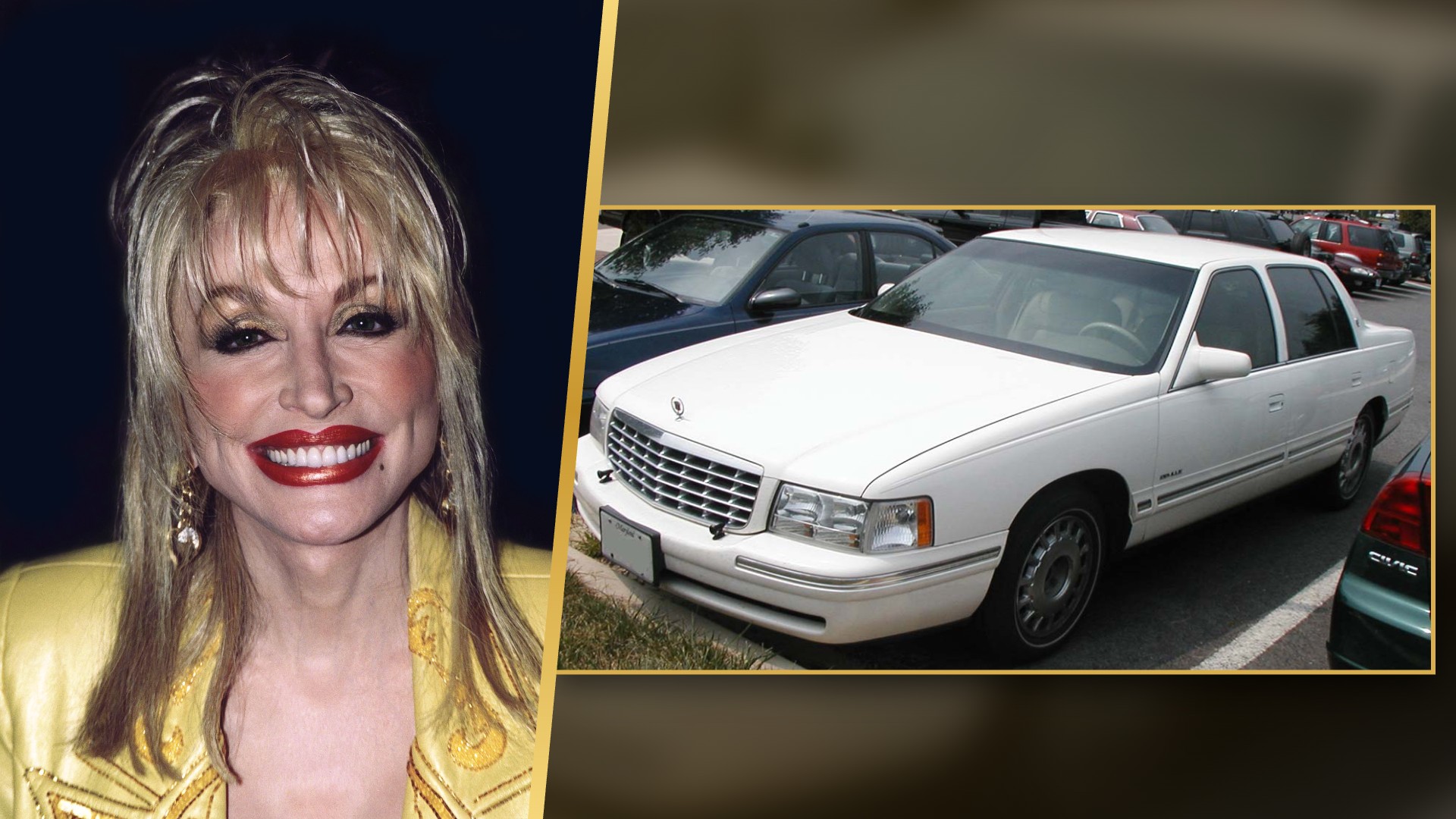 Illustration: Dolly Parton portrait beside a white 1995-1999 Cadillac DeVille