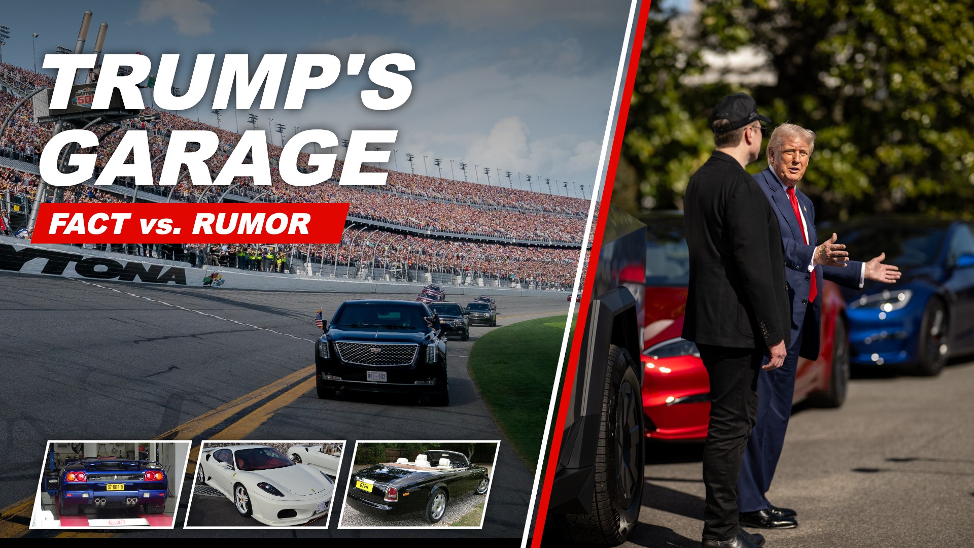 Trump's Garage: Donald Trump at the White House beside Tesla cars, the presidential limo at Daytona, and a Lamborghini, Ferrari and Rolls-Royce