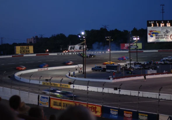Stock cars racing at Nashville Fairgrounds Speedway, then called Music City Motorplex, in 2007