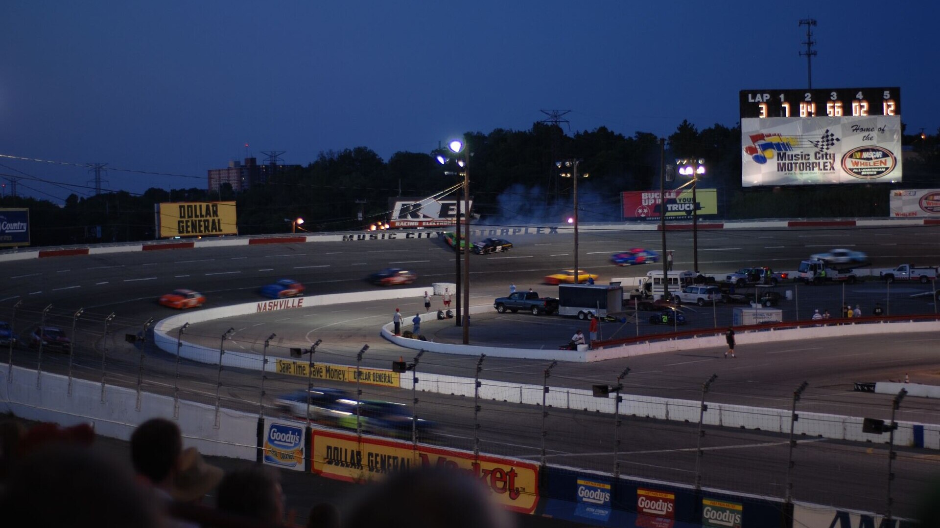 Stock cars racing at Nashville Fairgrounds Speedway, then called Music City Motorplex, in 2007