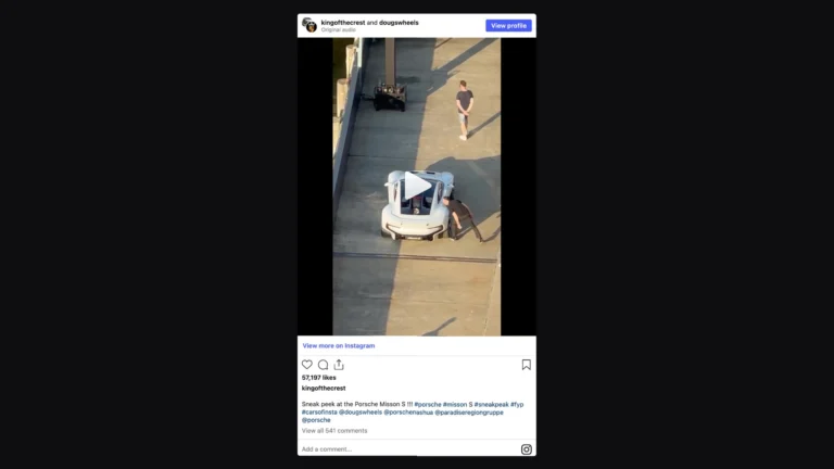 Instagram reel showing the Porsche Mission S uncovered on a Manhattan pier