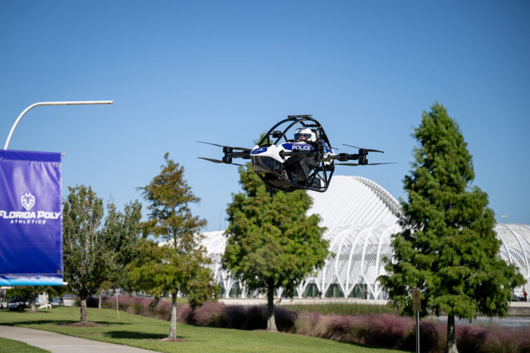 Florida Polytechnic University police Jetson ONE eVTOL Astro flying over campus