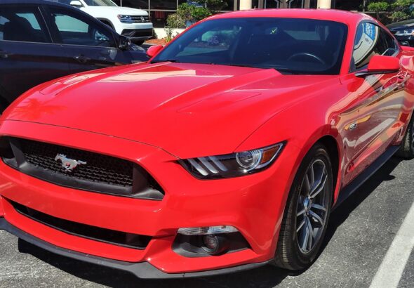 Ford Mustang GT fastback parked outdoors, front three-quarter view