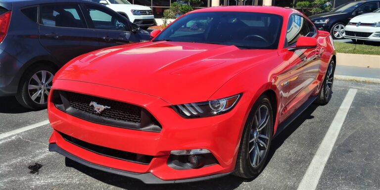 Ford Mustang GT fastback parked outdoors, front three-quarter view