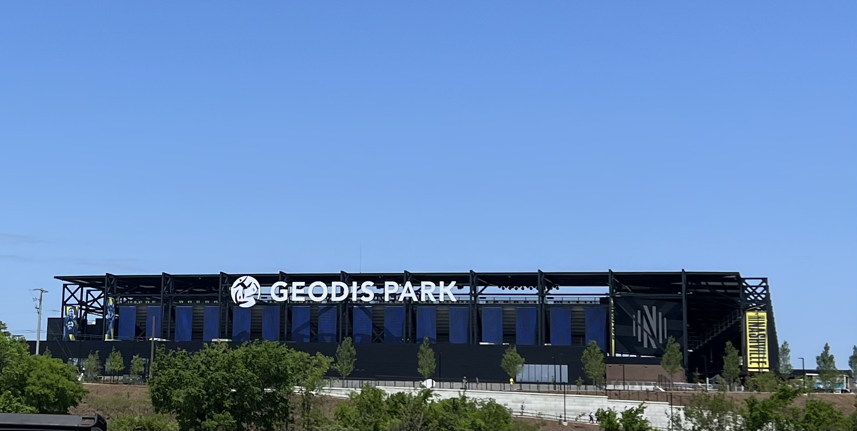 South facade of Geodis Park, the Nashville SC soccer stadium on the Fairgrounds Nashville property