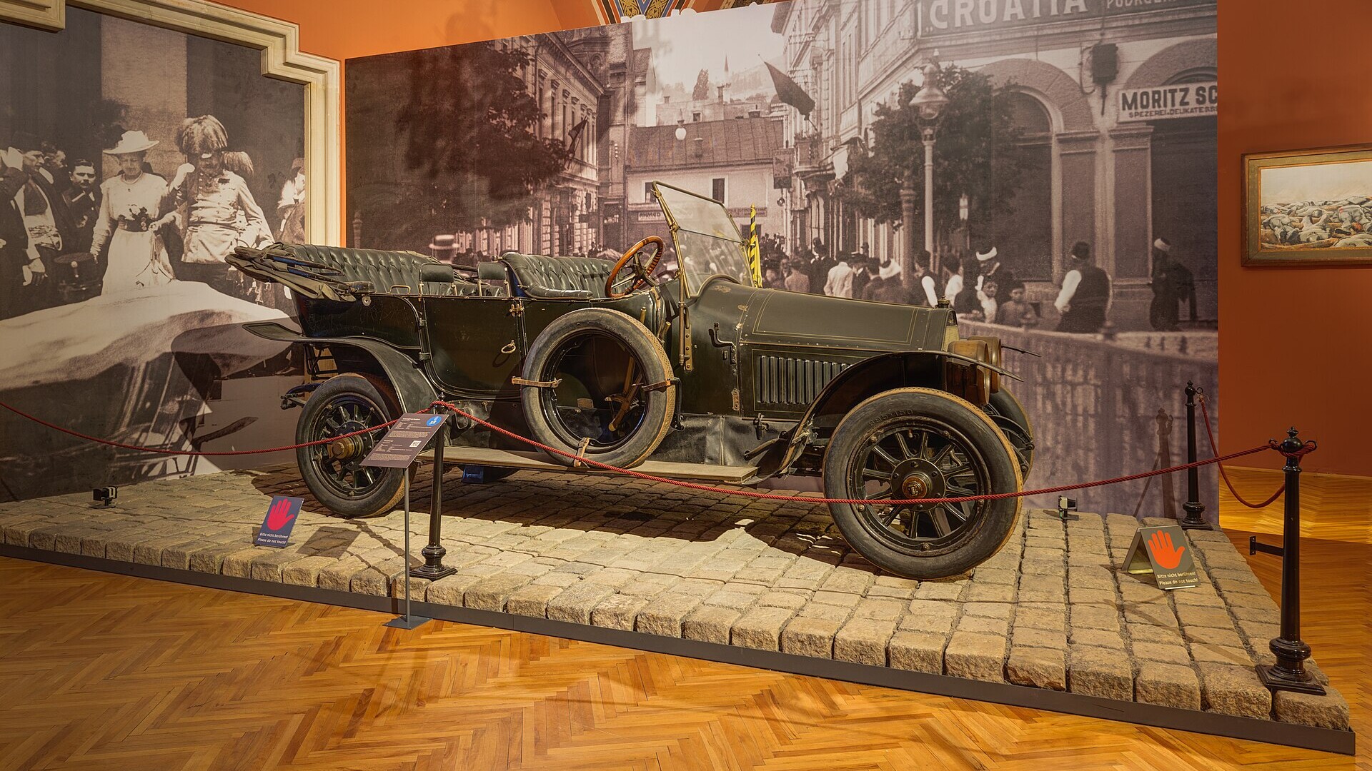 The Gräf & Stift Double Phaeton Archduke Franz Ferdinand was riding in when he was assassinated, on display at the Museum of Military History in Vienna