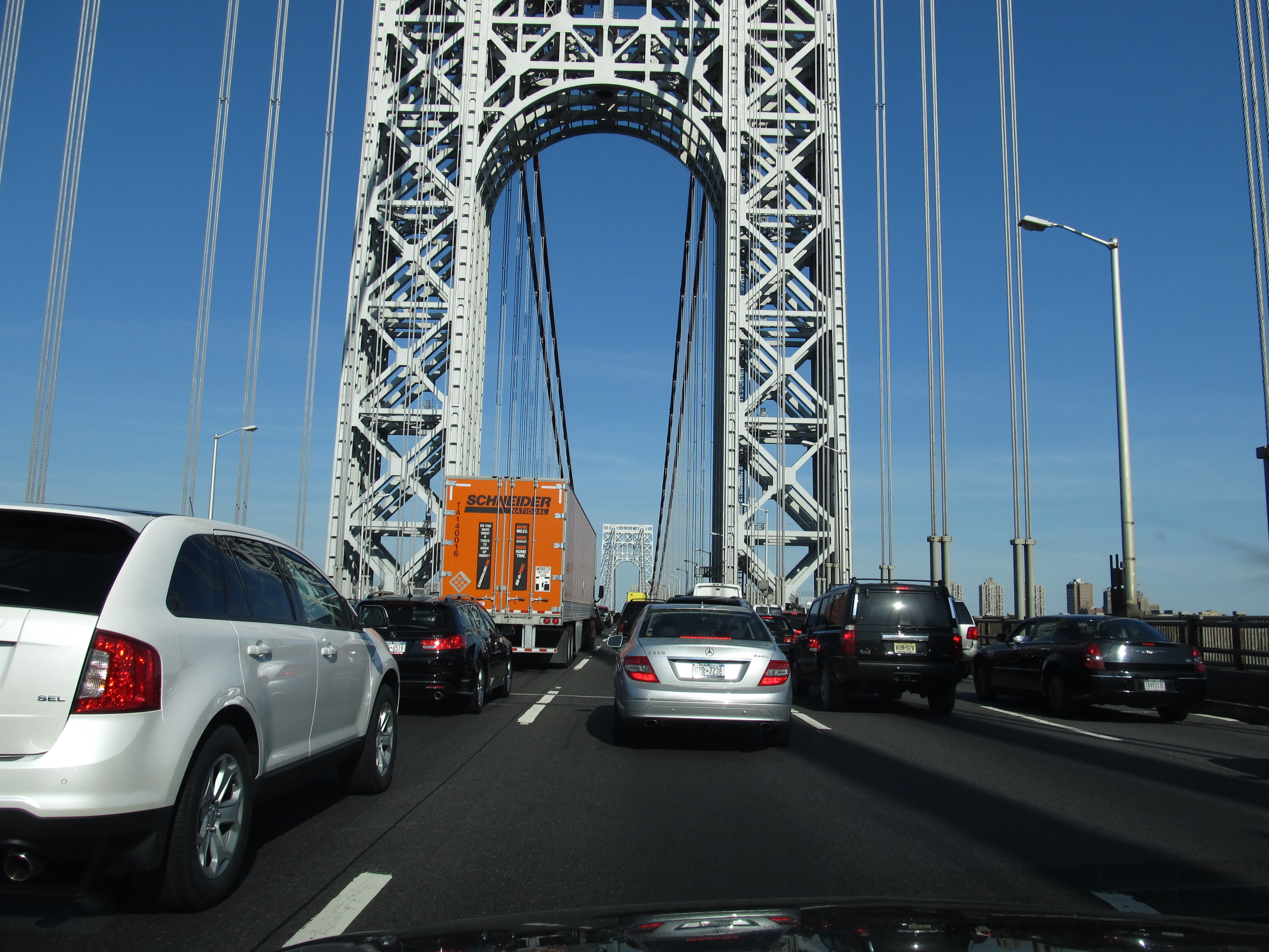 Traffic on the upper level of the George Washington Bridge heading toward Manhattan