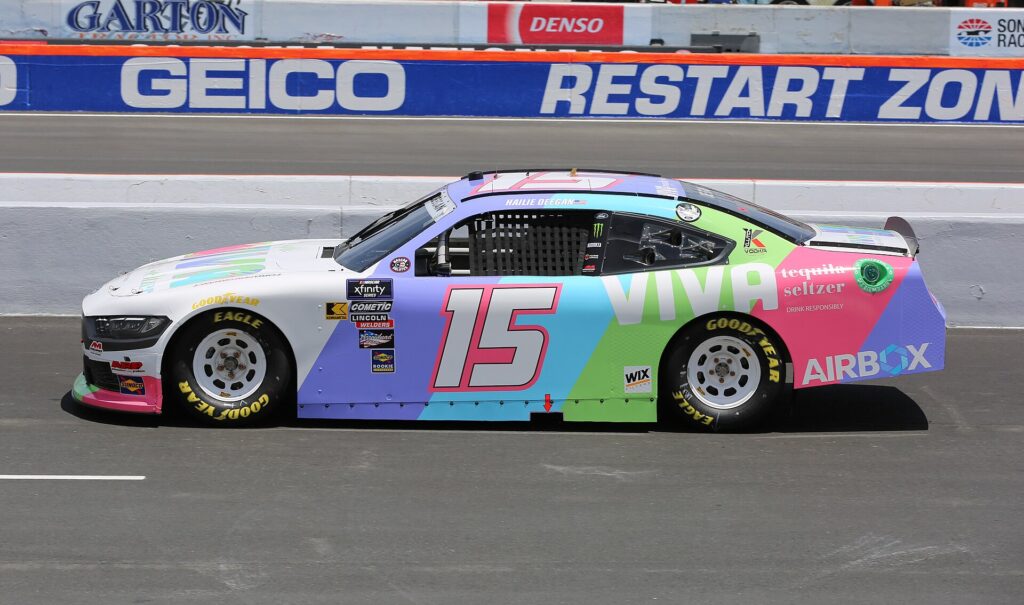 Hailie Deegan drives the No. 15 AM Racing Ford in an Xfinity Series race at Sonoma Raceway in 2024