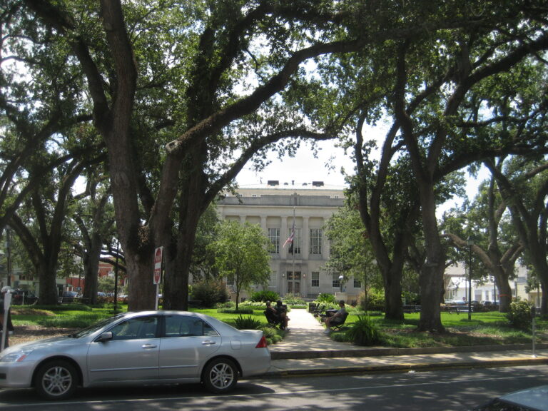 A silver sedan parked on Main Street in front of the Terrebonne Parish Courthouse in Houma, Louisiana, framed by live oak trees