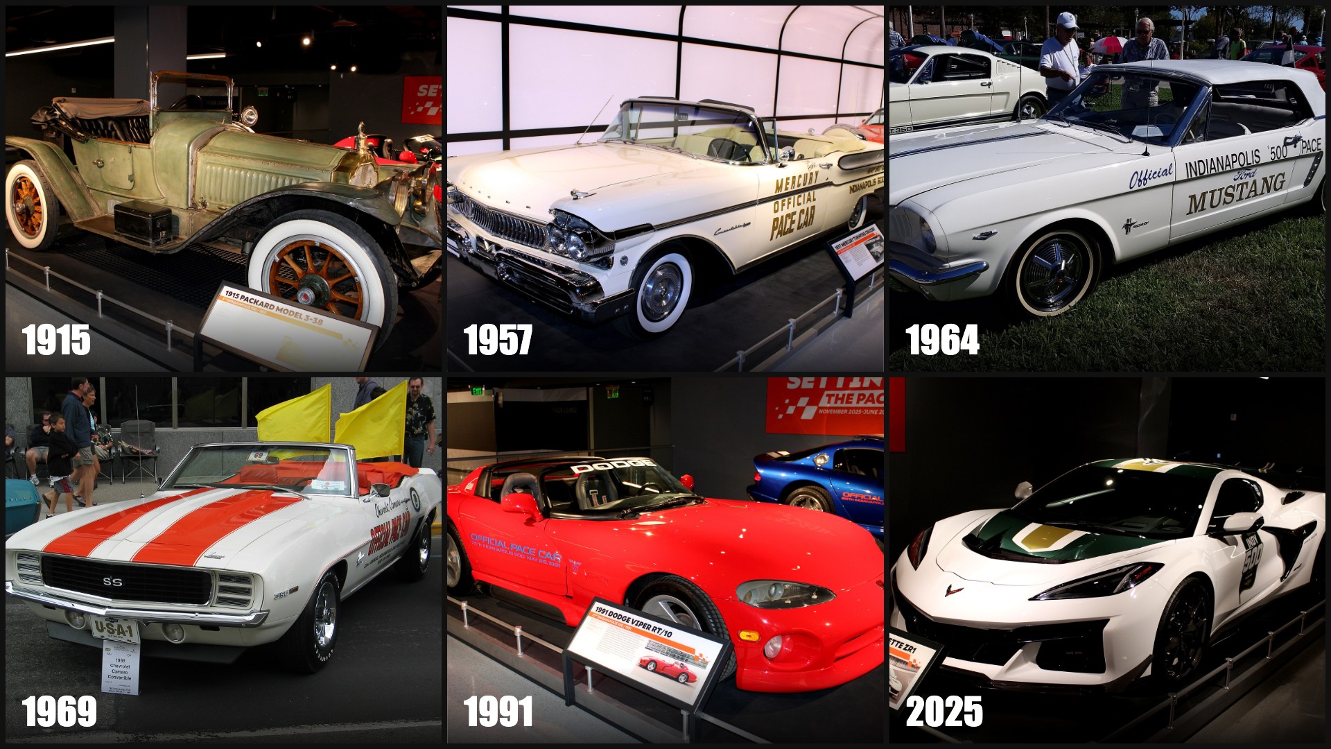 Collage of Indianapolis 500 pace cars: 1915 Packard, 1957 Mercury Turnpike Cruiser, 1964 Ford Mustang, 1969 Chevrolet Camaro SS, 1991 Dodge Viper and 2025 Chevrolet Corvette ZR1