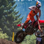 Jett Lawrence racing a motocross bike at Washougal in 2021