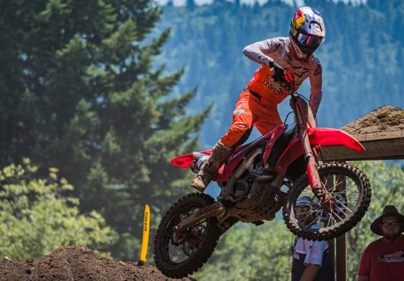 Jett Lawrence racing a motocross bike at Washougal in 2021