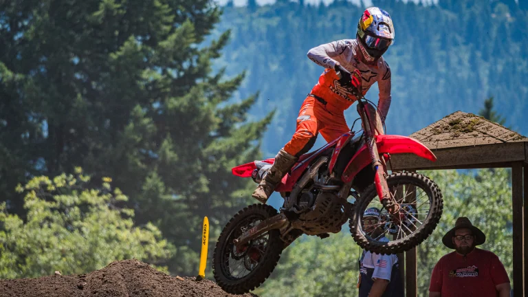 Jett Lawrence racing a motocross bike at Washougal in 2021