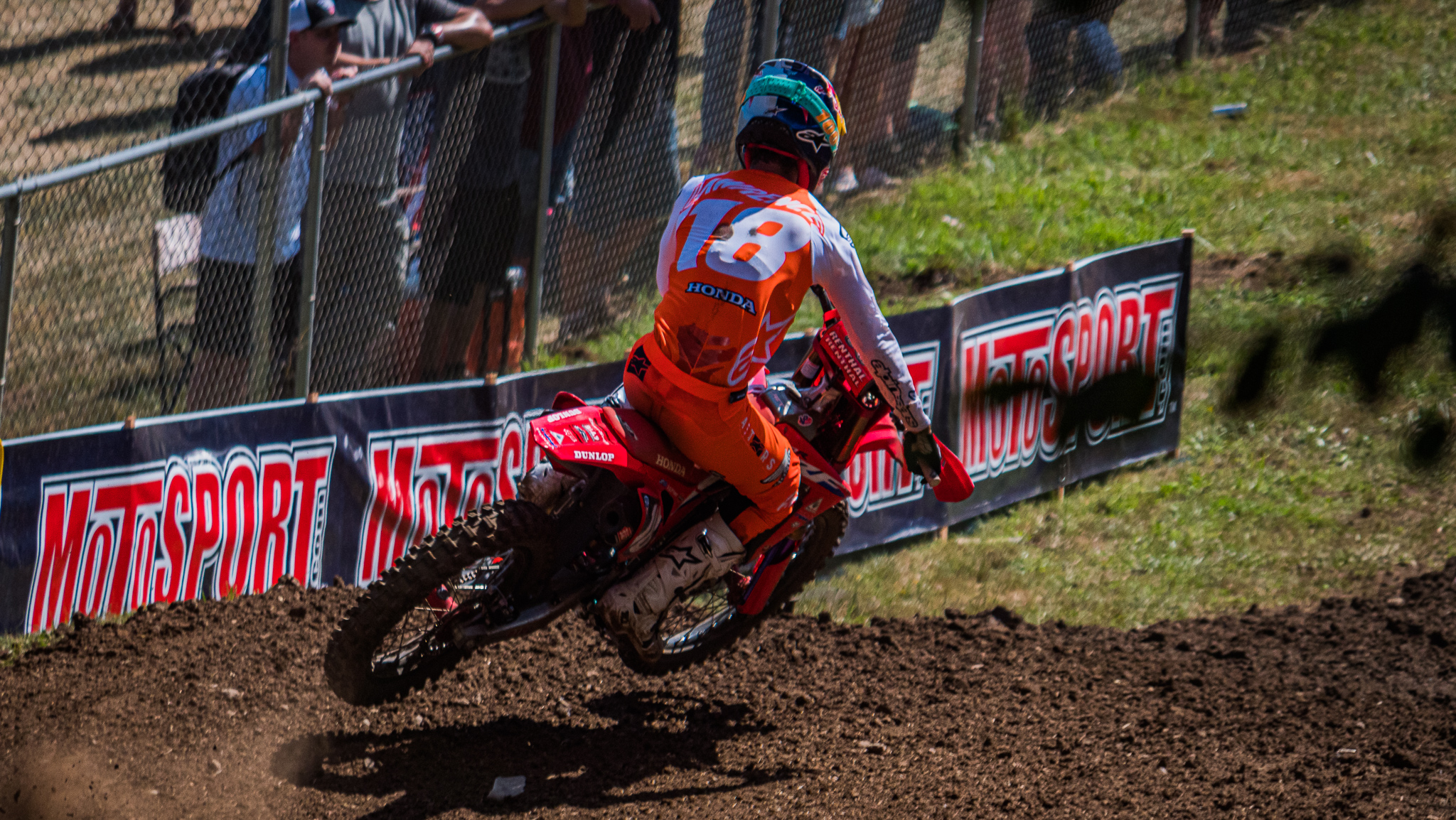 Jett Lawrence cornering on a motocross track at Washougal