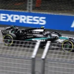 Kimi Antonelli driving the Mercedes during practice for the 2025 Singapore Grand Prix at Marina Bay