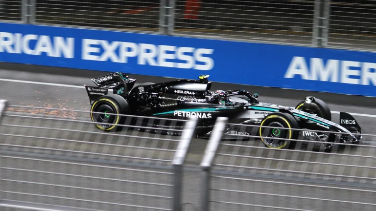 Kimi Antonelli driving the Mercedes during practice for the 2025 Singapore Grand Prix at Marina Bay