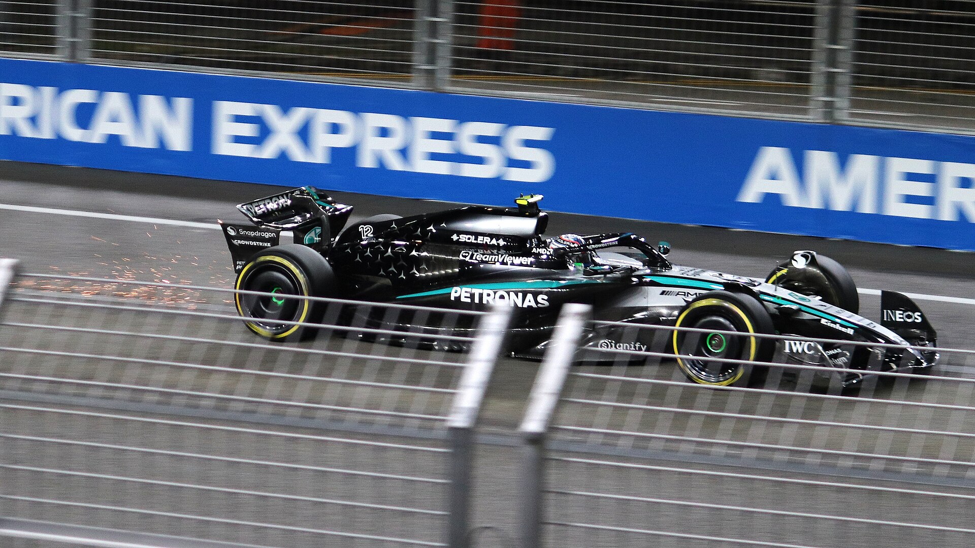 Kimi Antonelli driving the Mercedes during practice for the 2025 Singapore Grand Prix at Marina Bay