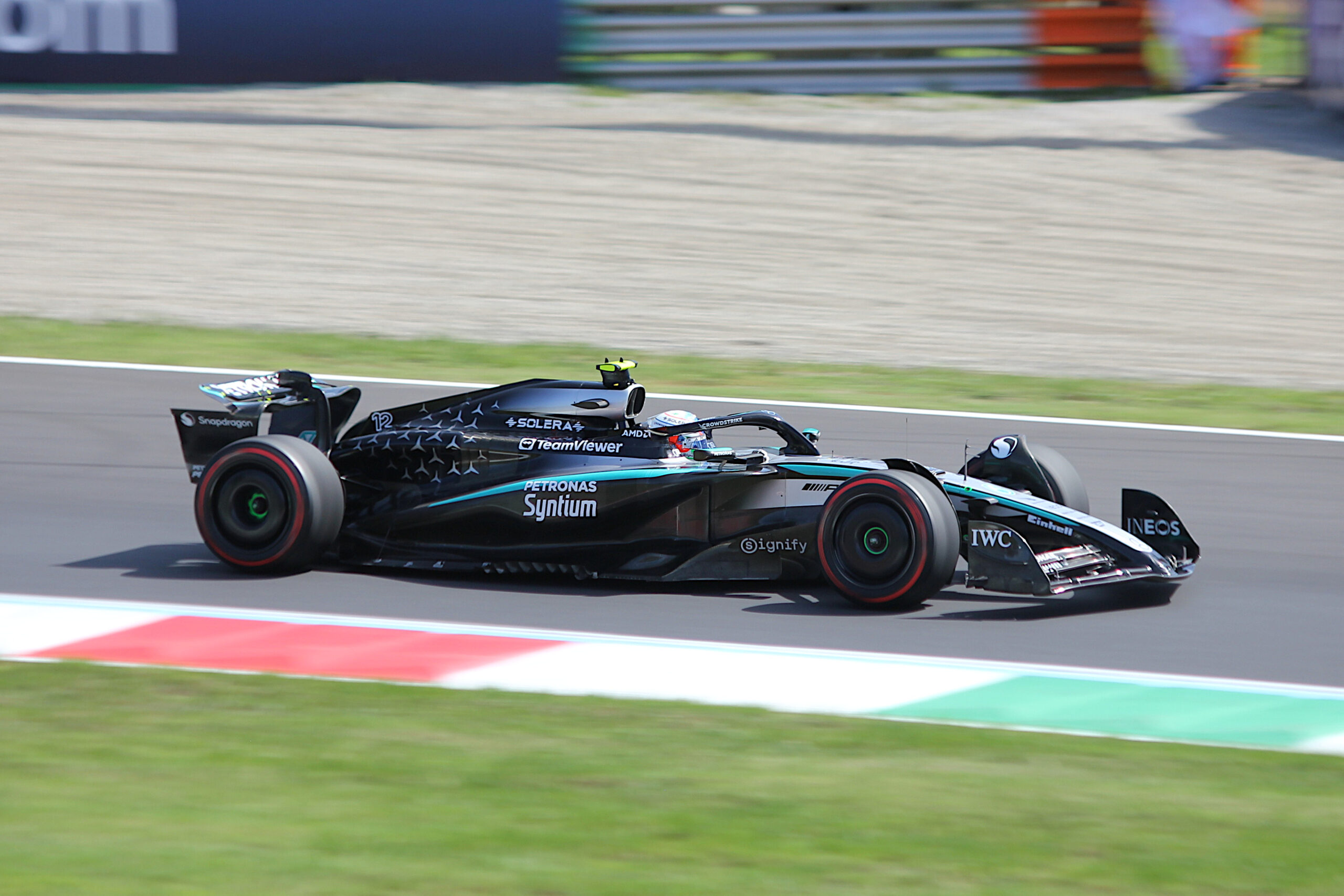 Kimi Antonelli driving the Mercedes-AMG F1 W16 during practice for the 2025 Italian Grand Prix at Monza