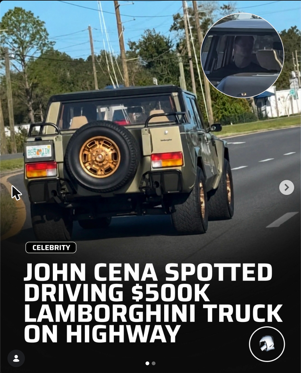 Rear view of a Lamborghini LM002 with gold wheels on a Florida road, with a magnified inset of its cabin