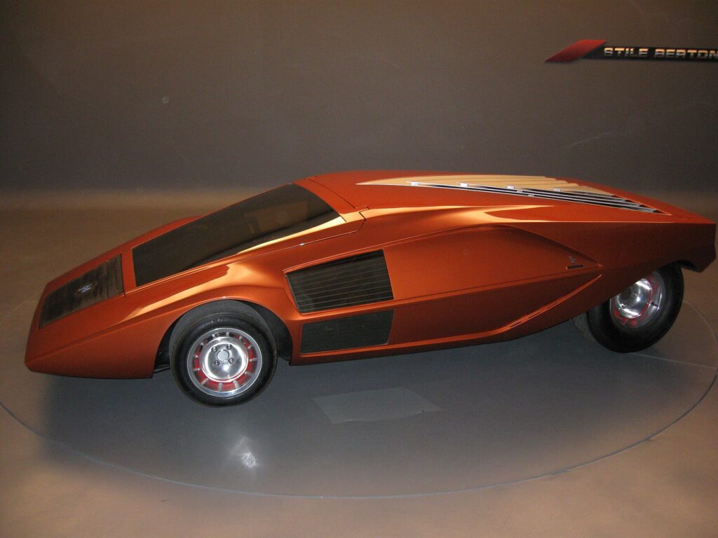 The orange Lancia Stratos Zero concept car on display