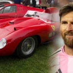 Illustration of Lionel Messi in an Inter Miami jersey beside a red 1957 Ferrari 335 S