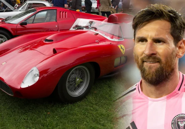 Illustration of Lionel Messi in an Inter Miami jersey beside a red 1957 Ferrari 335 S