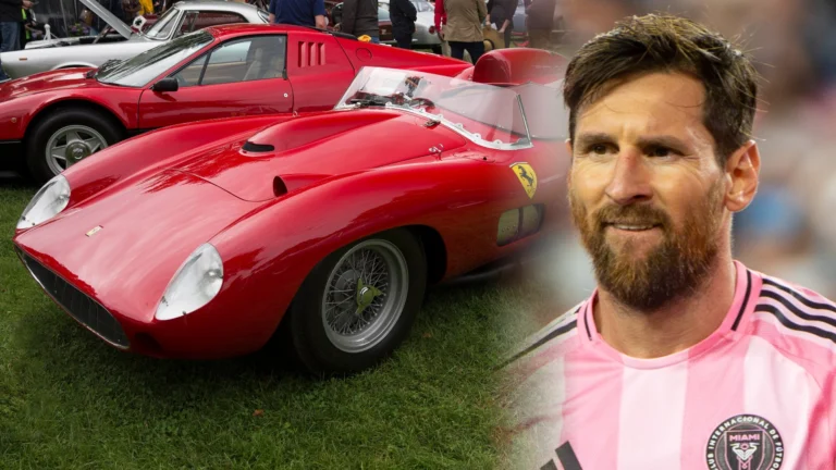 Illustration of Lionel Messi in an Inter Miami jersey beside a red 1957 Ferrari 335 S