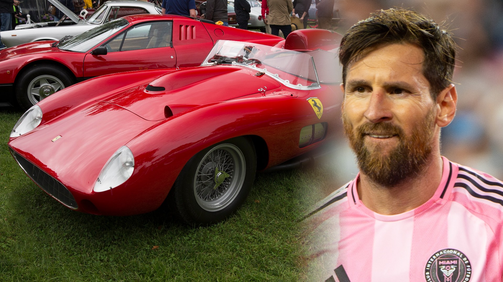 Illustration of Lionel Messi in an Inter Miami jersey beside a red 1957 Ferrari 335 S
