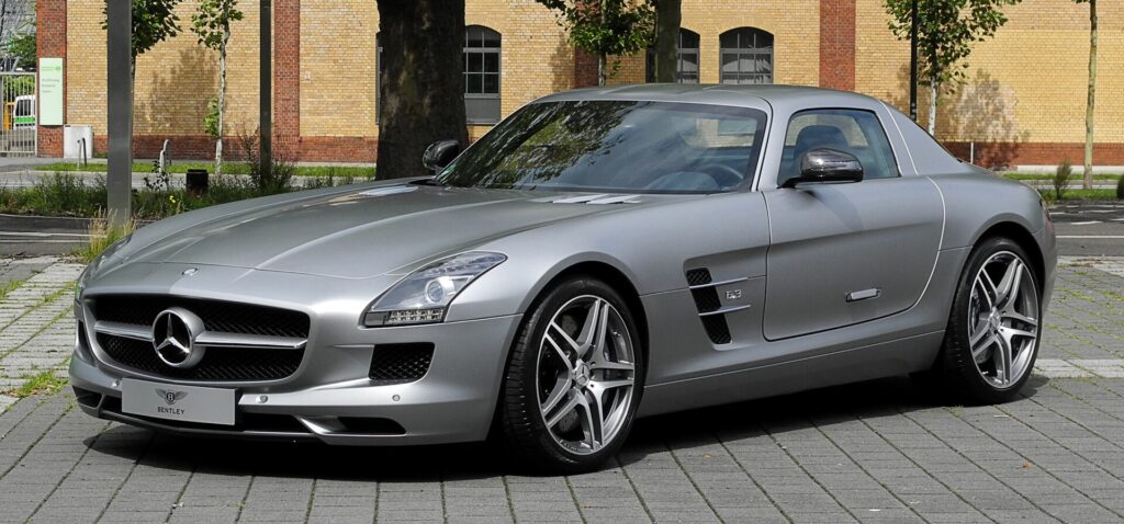 Silver Mercedes-Benz SLS AMG gullwing coupe