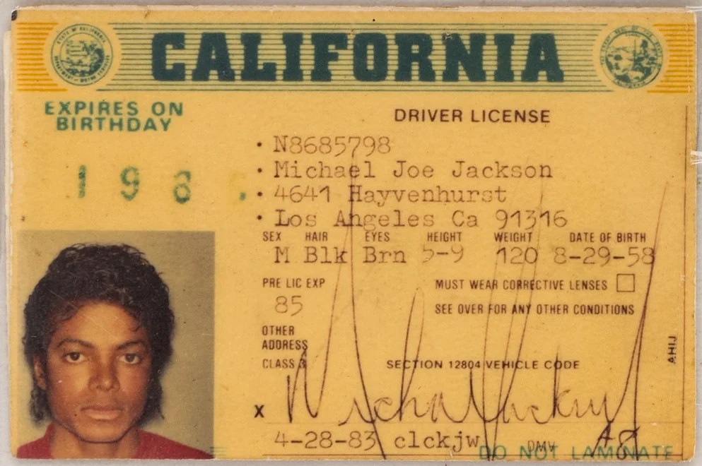 Michael Jackson's 1983 California driver's license