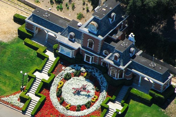 Aerial view of the train station and flower clock at Neverland Ranch