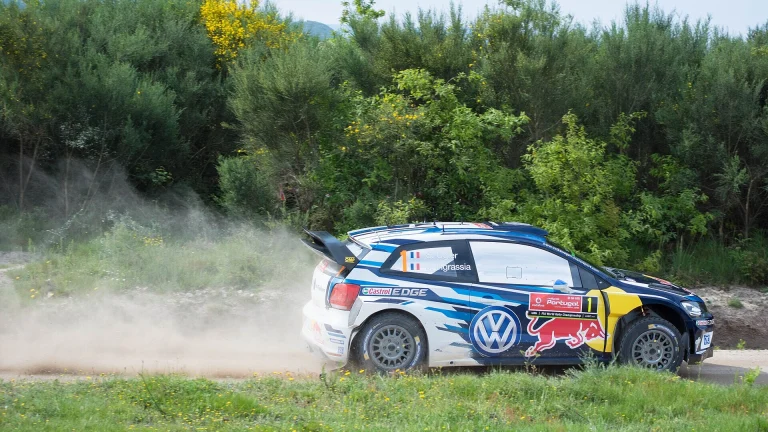 Sébastien Ogier's Volkswagen Polo R WRC on the Baião stage of the 2016 Rally de Portugal