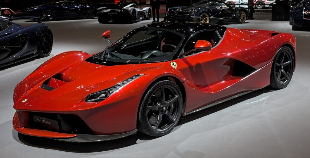 Red LaFerrari hybrid hypercar at the 2024 Geneva Motor Show